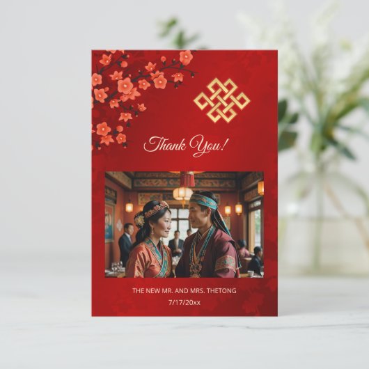 Cherry Blossom Foto Tibetaanse bruiloft Bedankkaart (Staand voorkant)