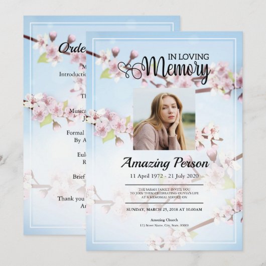 Cherry blossom Funeral order of service Invitation Kaart (Voorkant / Achterkant)