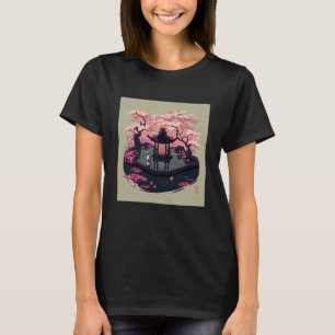 Cherry Blossom Garden shrine pond Japanse Paintin T-shirt