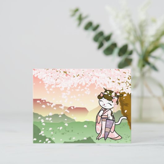 Cherry Blossom Geisha Kat Briefkaart (Staand voorkant)