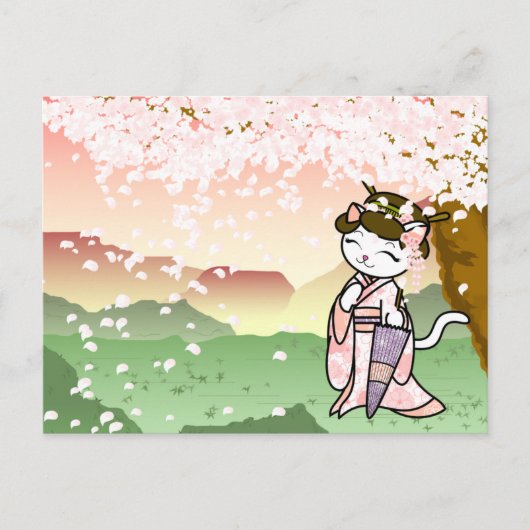 Cherry Blossom Geisha Kat Briefkaart (Voorkant)