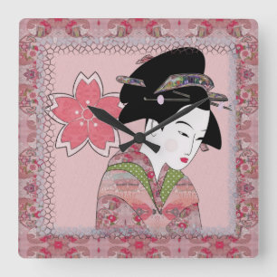 Cherry Blossom Geisha Vierkante Klok