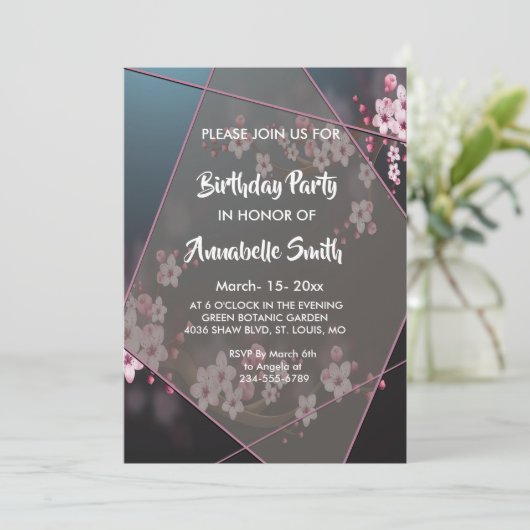 Cherry Blossom Geometric Floral Birthday Party Kaart (Staand voorkant)