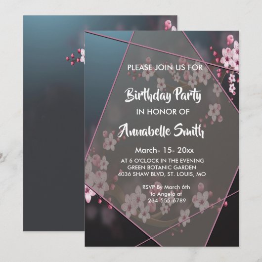 Cherry Blossom Geometric Floral Birthday Party Kaart (Voorkant / Achterkant)