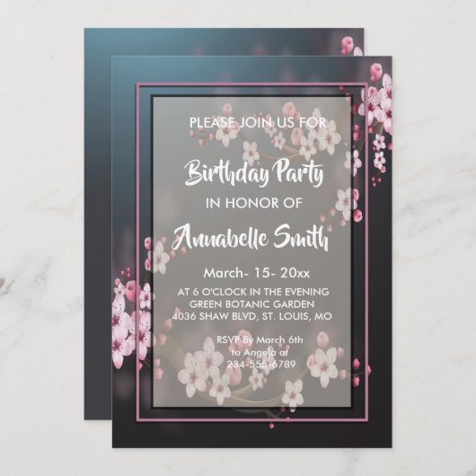 Cherry Blossom Geometric Floral Birthday Party Kaart (Voorkant / Achterkant)