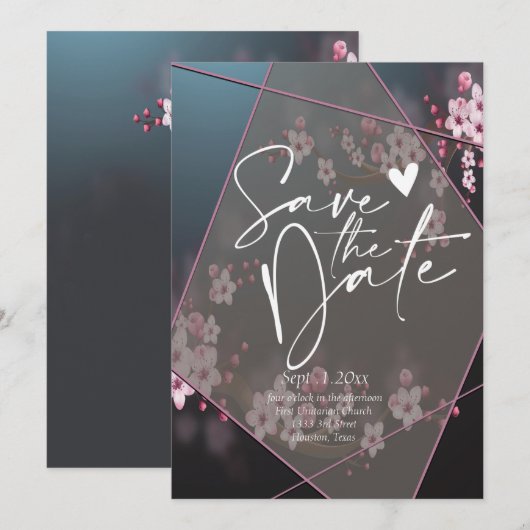 Cherry Blossom Geometric Floral save the date Invi Kaart (Voorkant / Achterkant)