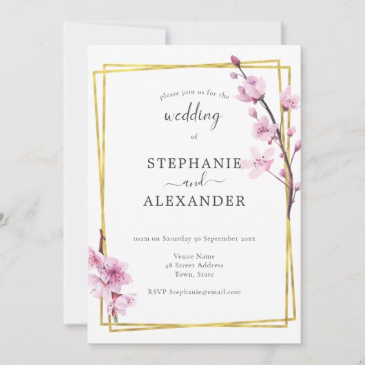 Cherry Blossom & Gold Lijst Wedding Invitation Kaart (Voorkant)