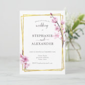 Cherry Blossom & Gold Lijst Wedding Invitation Kaart (Staand voorkant)