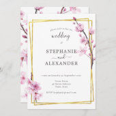 Cherry Blossom & Gold Lijst Wedding Invitation Kaart (Voorkant / Achterkant)