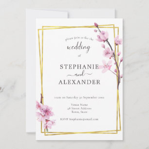 Cherry Blossom & Gold Lijst Wedding Invitation Kaart
