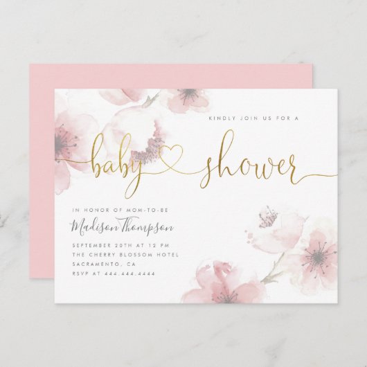 Cherry Blossom Gold Script Floral Baby shower Uitnodiging Briefkaart (Voorkant / Achterkant)
