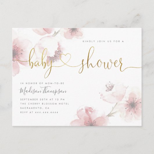 Cherry Blossom Gold Script Floral Baby shower Uitnodiging Briefkaart (Voorkant)