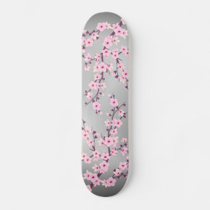 Cherry Blossom Gray Pink Asia Floral Persoonlijk Skateboard