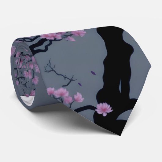 Cherry Blossom Grijze Achtergrond Stropdas (Opgerold)