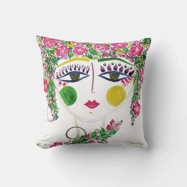 Cherry Blossom - Gypsy Garden Girl Cotton Pillow Kussen (Voorkant)