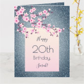 Cherry Blossom Happy Birthday Dark Blue Glitter Kaart (Gele Bloem)