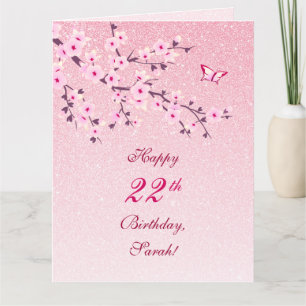 Cherry Blossom Happy Birthday Pink Glitter Kaart