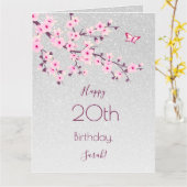 Cherry Blossom Happy Birthday Silver Glitter Kaart (Gele Bloem)