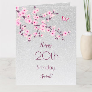 Cherry Blossom Happy Birthday Silver Glitter Kaart