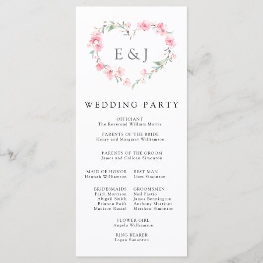 Cherry Blossom Hart Monogram Bruiloft Programmakaart (Achterkant)