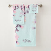 Cherry Blossom Illustratief Landschap Roze Blauw Bad Handdoek (Insitu)