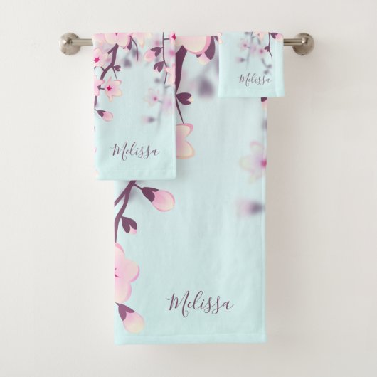 Cherry Blossom Illustratief Landschap Roze Blauw Bad Handdoek (Insitu)