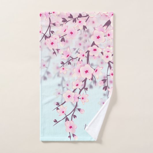 Cherry Blossom Illustratief Landschap Roze Blauw Bad Handdoek (Handdoek)