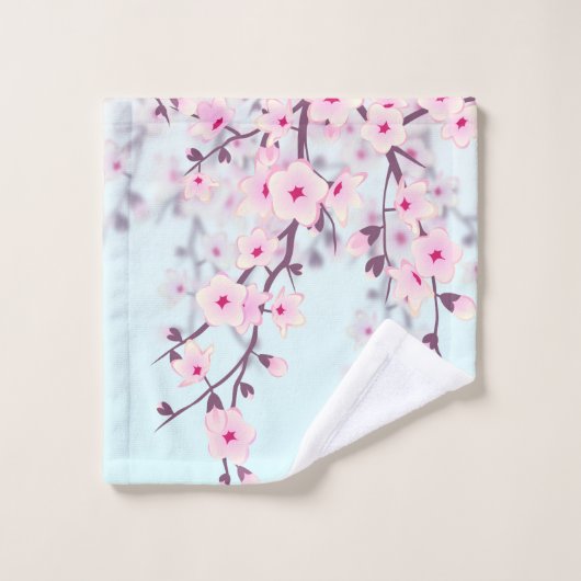 Cherry Blossom Illustratief Landschap Roze Blauw Bad Handdoek (Wasdoekje)