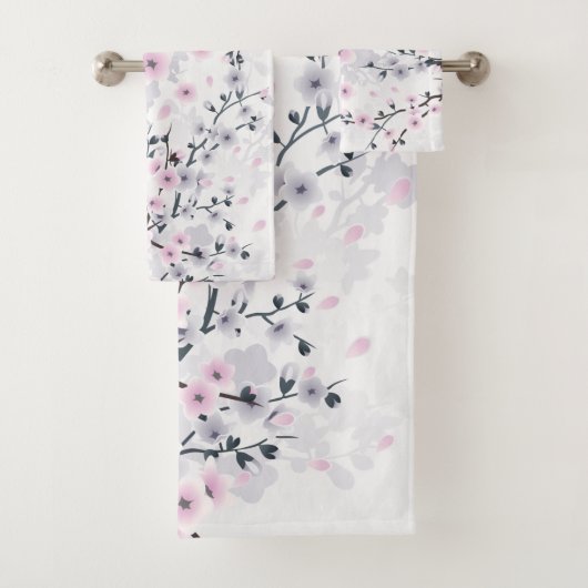 Cherry Blossom Illustrative Dusty Pink Mauve Bad Handdoek (Insitu)