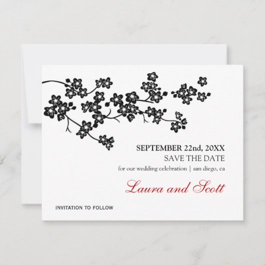 Cherry Blossom in Black Save the Date Invitation (Voorkant)