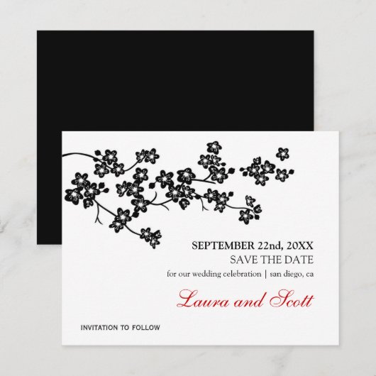 Cherry Blossom in Black Save the Date Invitation (Voorkant / Achterkant)