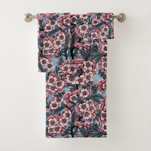 Cherry blossom in pink and blue bad handdoek (Insitu)