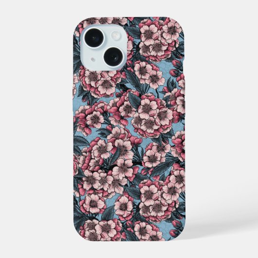 Cherry blossom in pink and blue iPhone 15 case (Achterkant)