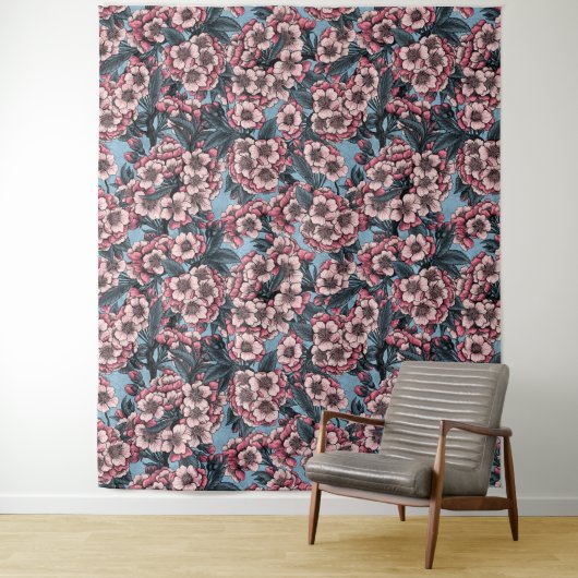 Cherry blossom in pink and blue wandkleed (In situ)