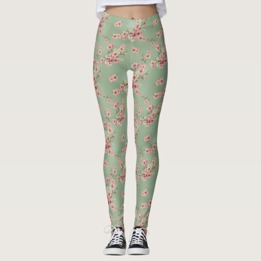 Cherry Blossom in roze en Blauwgroen Leggings (Voorkant)
