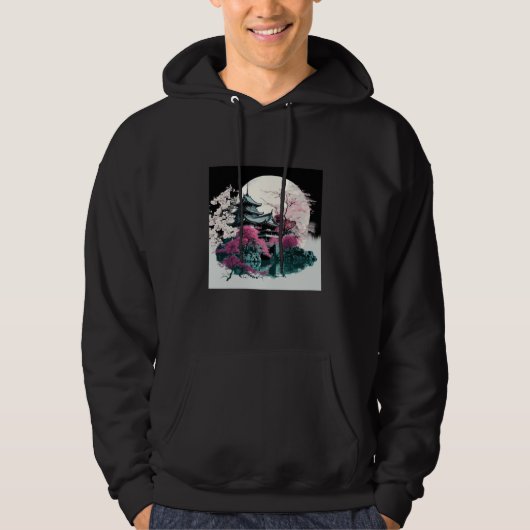Cherry Blossom Japanese Castle with Moon and Water Hoodie (Voorkant)
