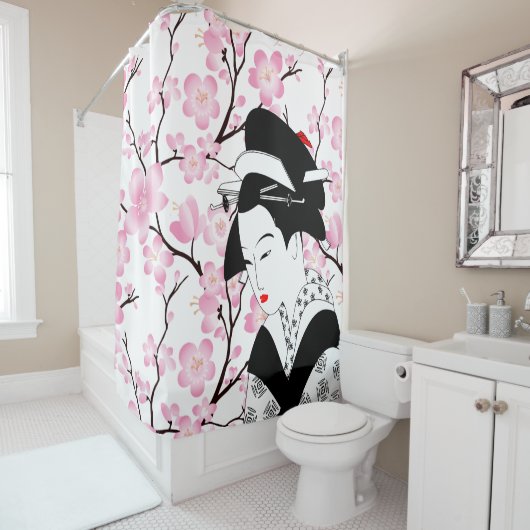 cherry blossom japanese geisha roze zwart wit 3 douchegordijn (In situ)