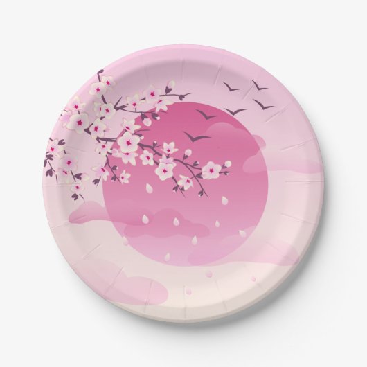 Cherry Blossom Japans landschap Roze Papieren Bordje (Voorkant)