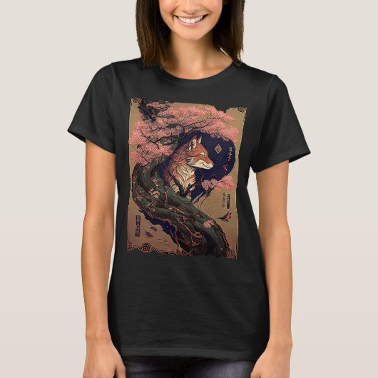  Cherry Blossom Japanse Fox Scroll Grafisch T-shirt (Voorkant)