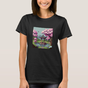 Cherry Blossom Japanse shrine pond retro, 16-bits  T-shirt
