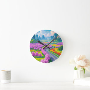 Cherry Blossom Journey – Spring Road Wall Clock Ronde Klok