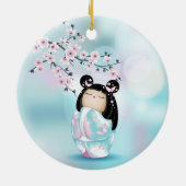 Cherry Blossom Kokeshi Doll Pink Turquoise Keramisch Ornament (Achterkant)