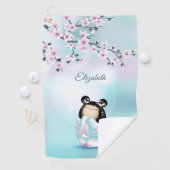 Cherry Blossom Kokeshi Doll Pink Turquoise Name Golfhanddoek (Insitu)