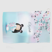 Cherry Blossom Kokeshi Doll Pink Turquoise Name Golfhanddoek (Horizontaal)