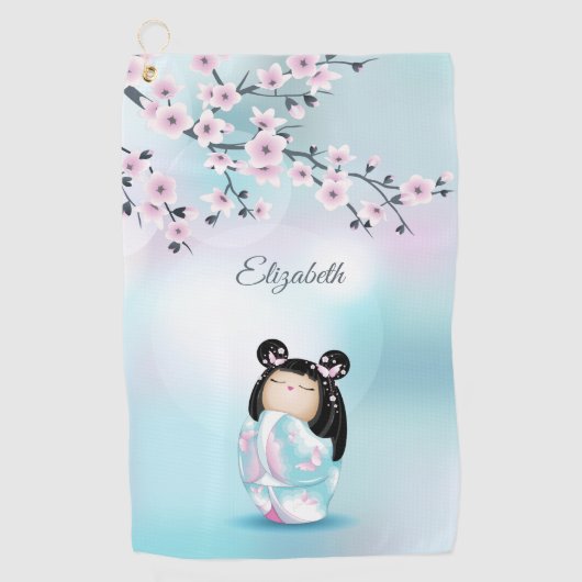 Cherry Blossom Kokeshi Doll Pink Turquoise Name Golfhanddoek (Voorkant)