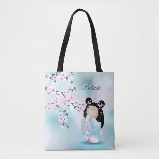 Cherry Blossom Kokeshi Doll Pink Turquoise Name Tote Bag (Voorkant)