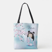 Cherry Blossom Kokeshi Doll Pink Turquoise Name Tote Bag (Achterkant)