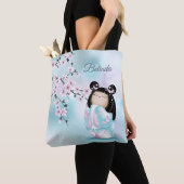 Cherry Blossom Kokeshi Doll Pink Turquoise Name Tote Bag (Dichtbij)
