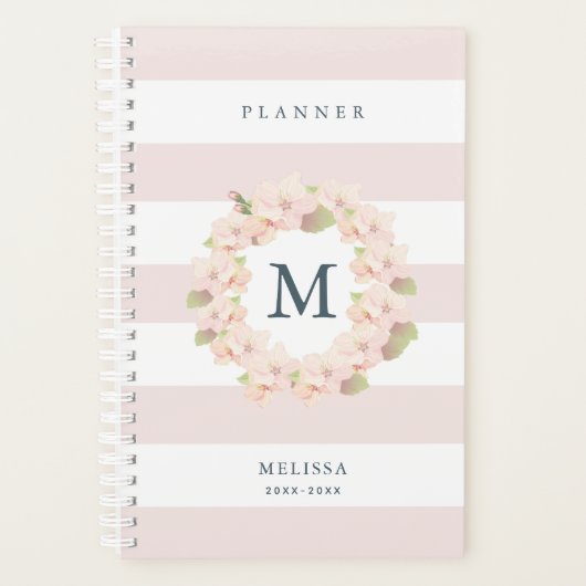 Cherry Blossom Krans Monogram Roze Streep Planner (Voorkant)