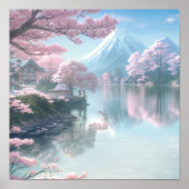 Cherry Blossom Lake in Mist Poster (Voorkant)